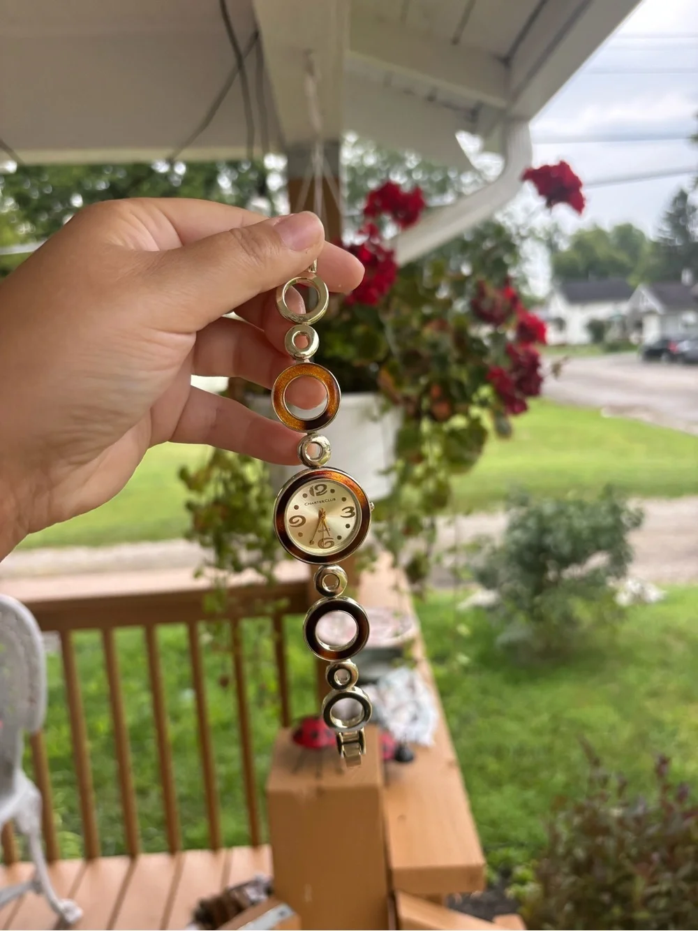 Gold-Tone y2k Watch with Brown Enamel Circles